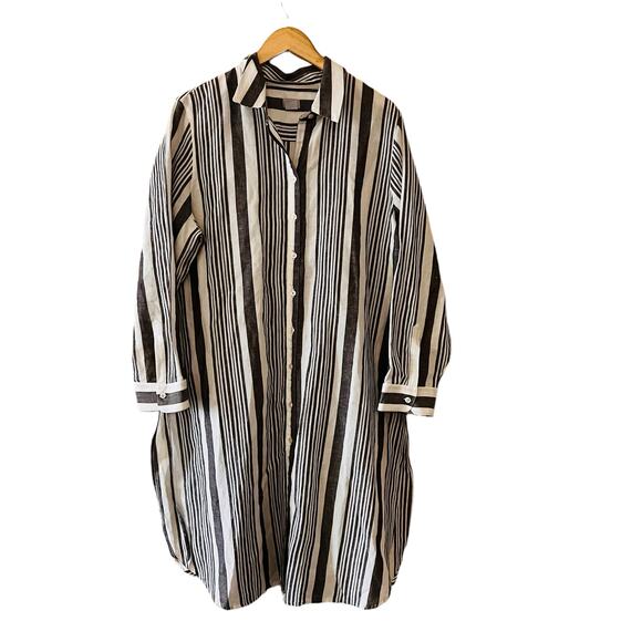 Chico’s Linen Cotton Striped Long Sleeve Maxi Shirt 16P black white cream grey - Picture 1 of 7